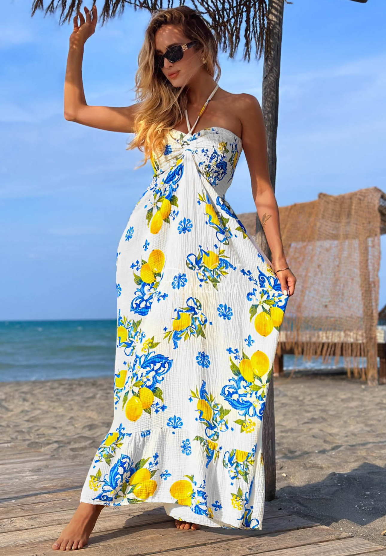 Trägerloses Maxikleid mit Zitronenmuster Limone Sole weiß-Blau