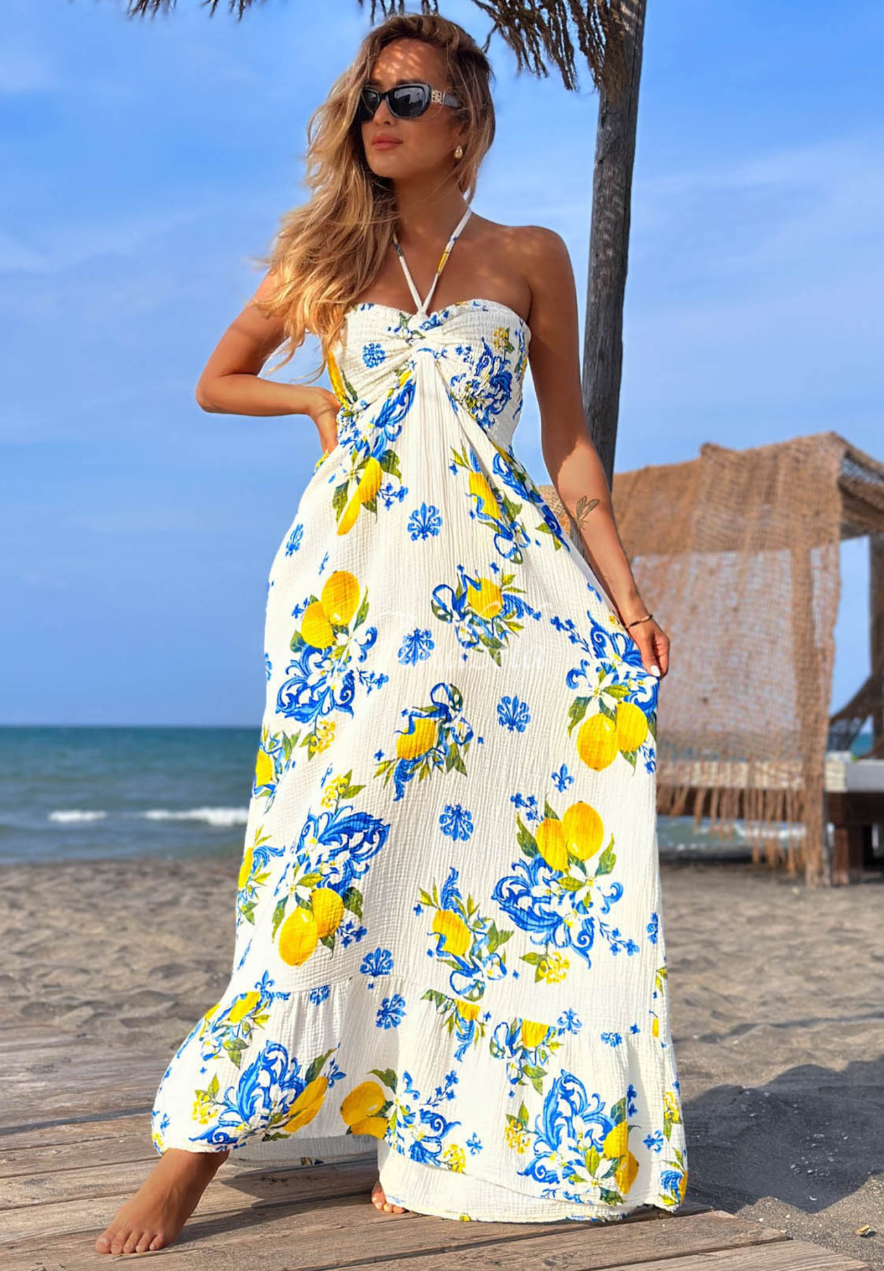 Trägerloses Maxikleid mit Zitronenmuster Limone Sole weiß-Blau