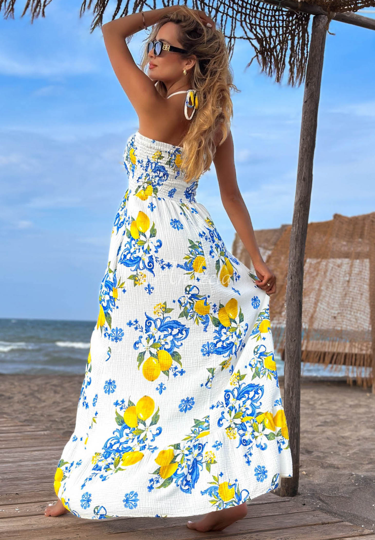 Trägerloses Maxikleid mit Zitronenmuster Limone Sole weiß-Blau