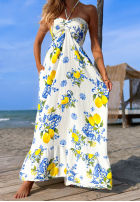 Trägerloses Maxikleid mit Zitronenmuster Limone Sole weiß-Blau