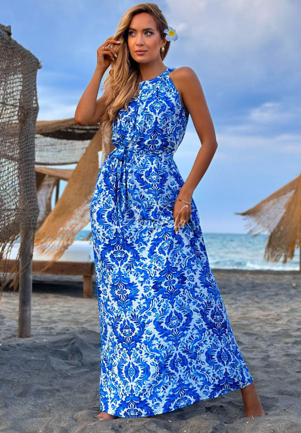 Maxikleid aus Viskose mit Mustern Sunlit Ocean wei&szlig;-blau