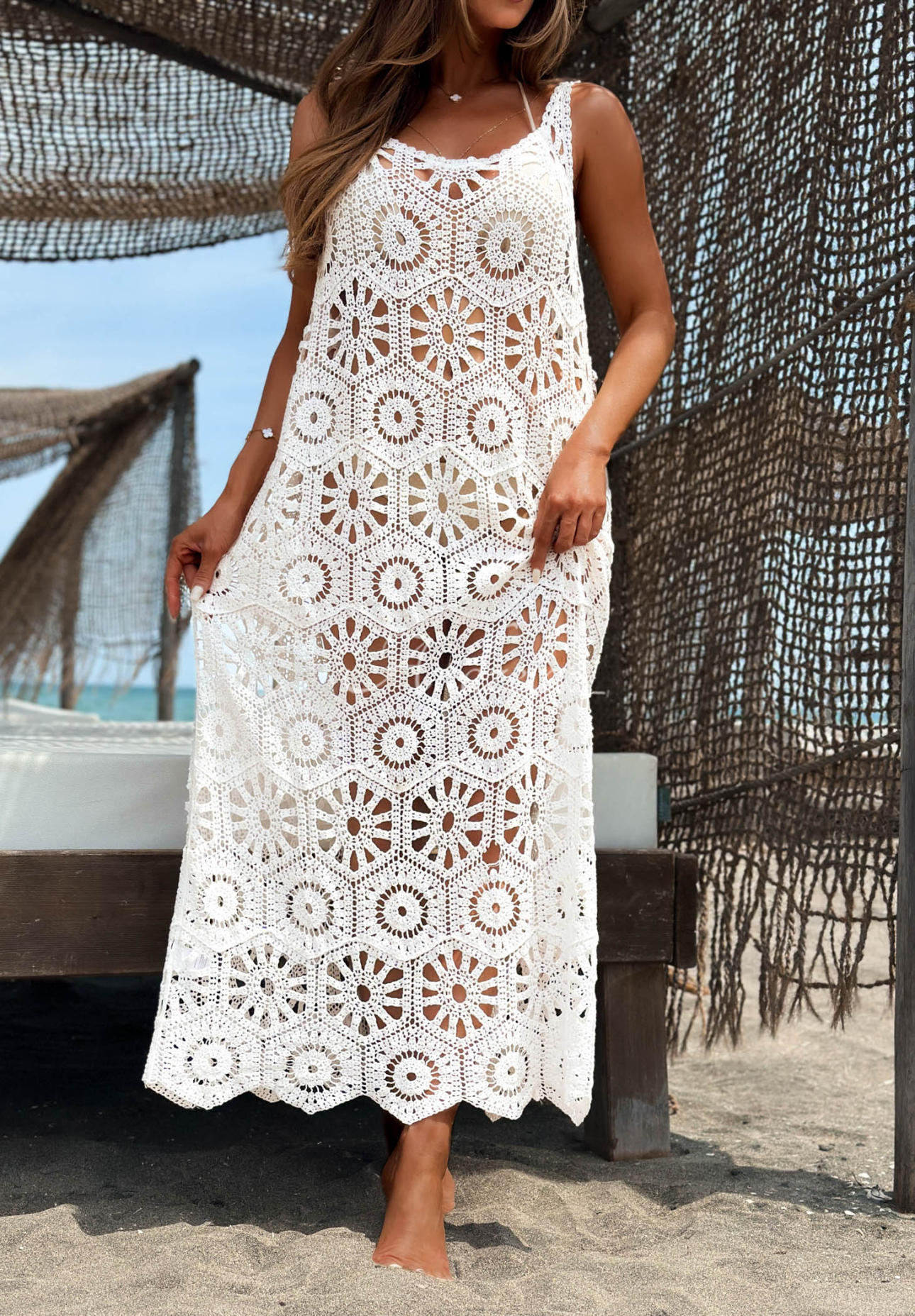 Maxi-Strandkleid aus Baumwolle mit Trägern boho Coco Paradise Weiß
