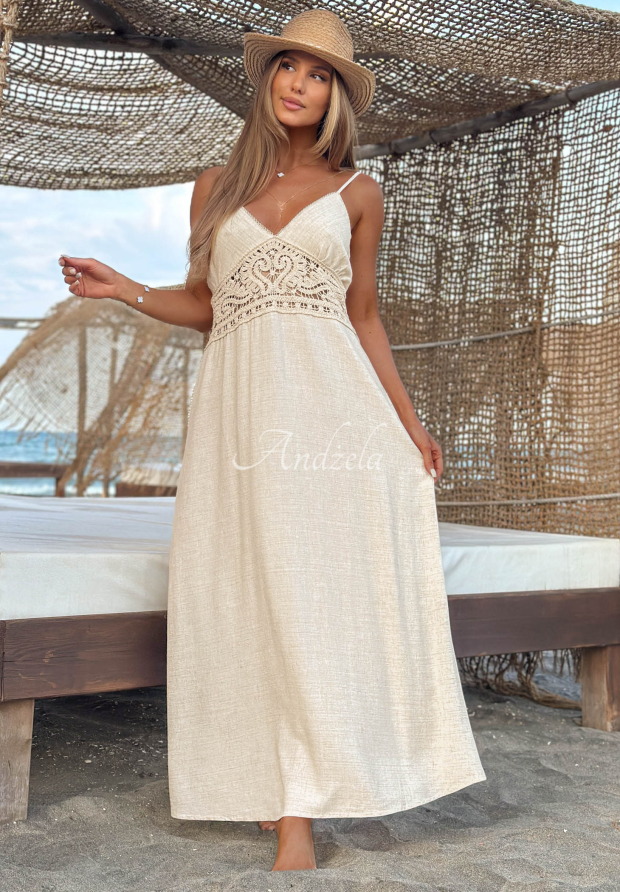 Viskose-Tr&auml;gerkleid mit Spitze boho Island Desire Hell Beige