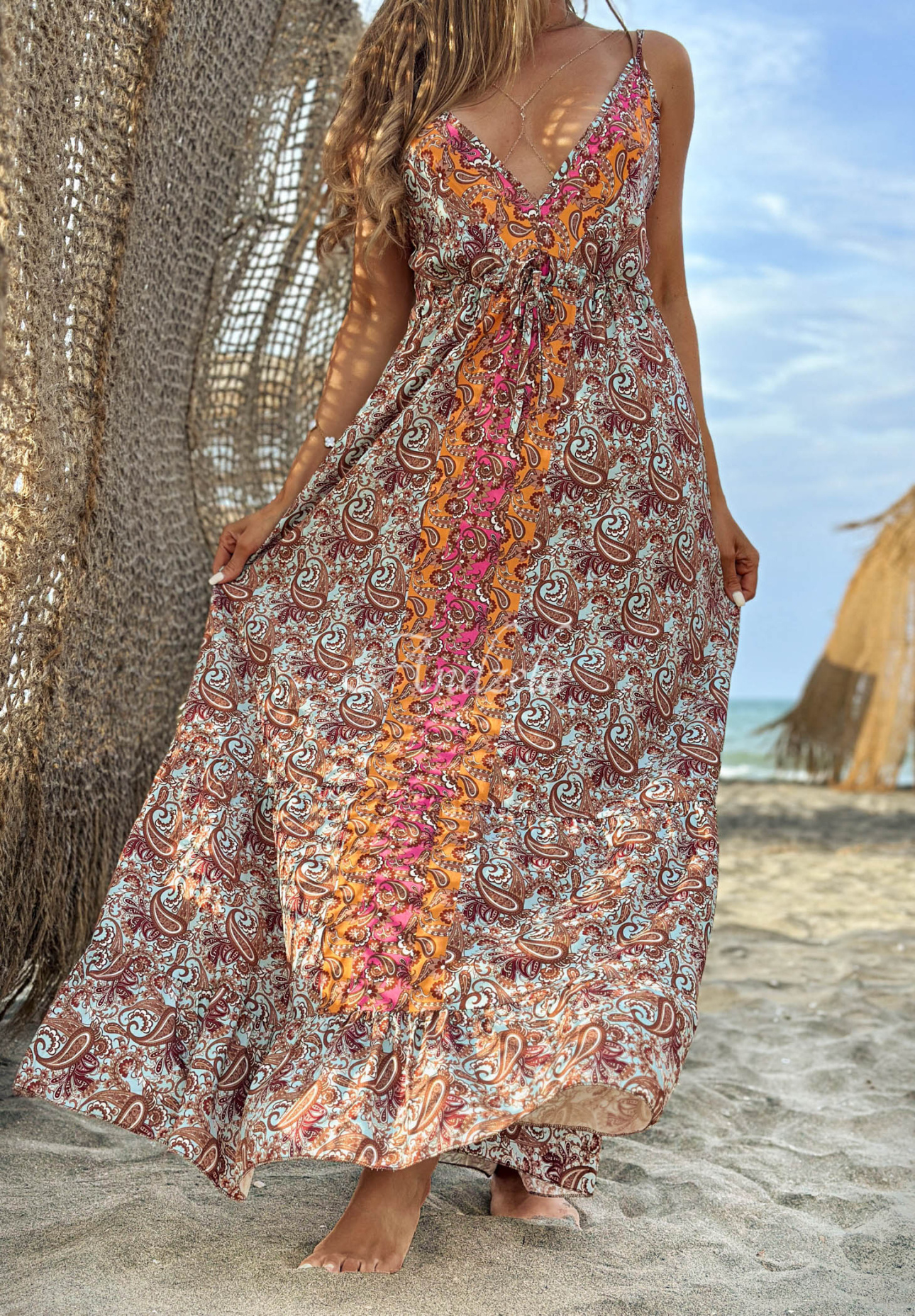Gemustertes Maxikleid mit Trägern Aqua Bliss hellblau-orange