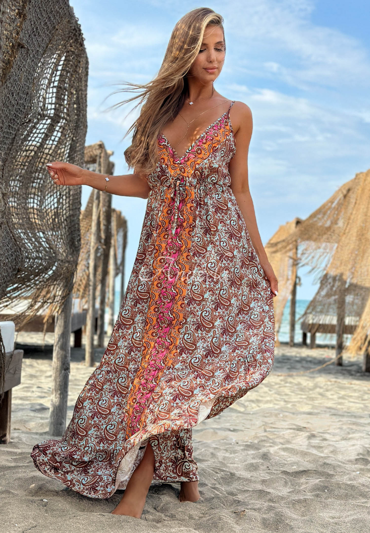 Gemustertes Maxikleid mit Trägern Aqua Bliss hellblau-orange