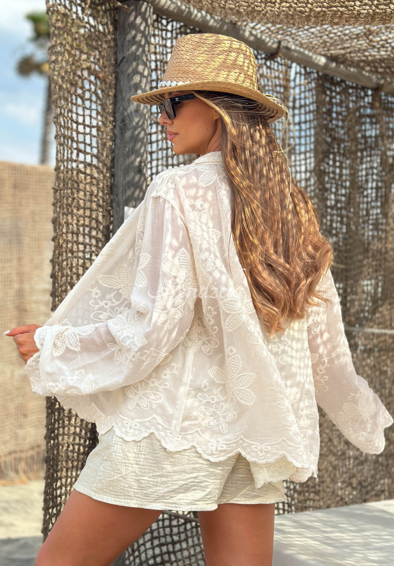 Besticktes Boho-Hemd aus Baumwolle Sandy Kiss Hell Beige