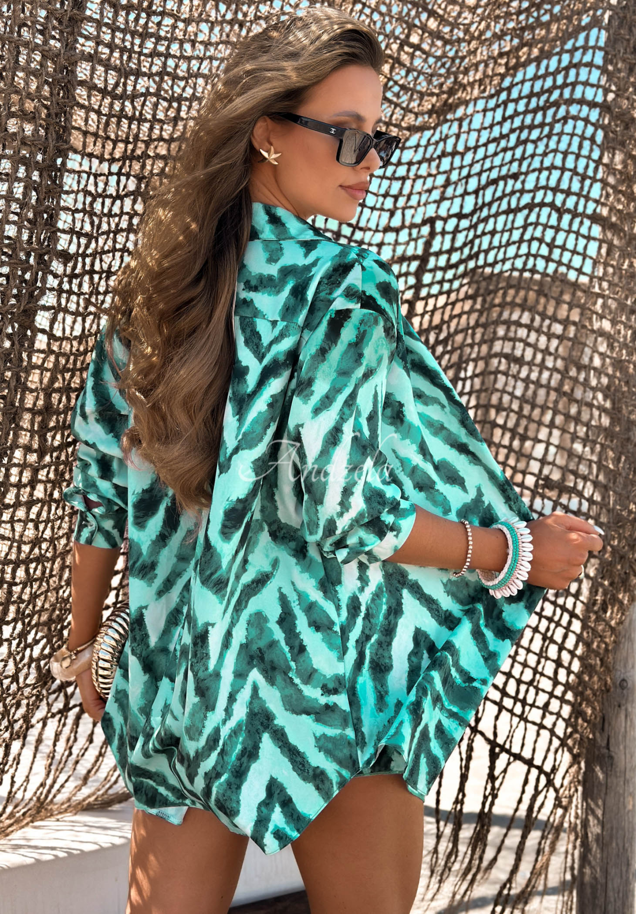 Gemustertes Set Hemd und Shorts aus Viskose Aqua Wave Türkis