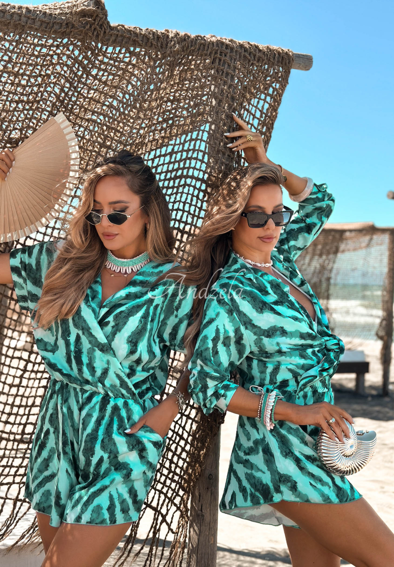 Gemustertes Set Hemd und Shorts aus Viskose Aqua Wave Türkis