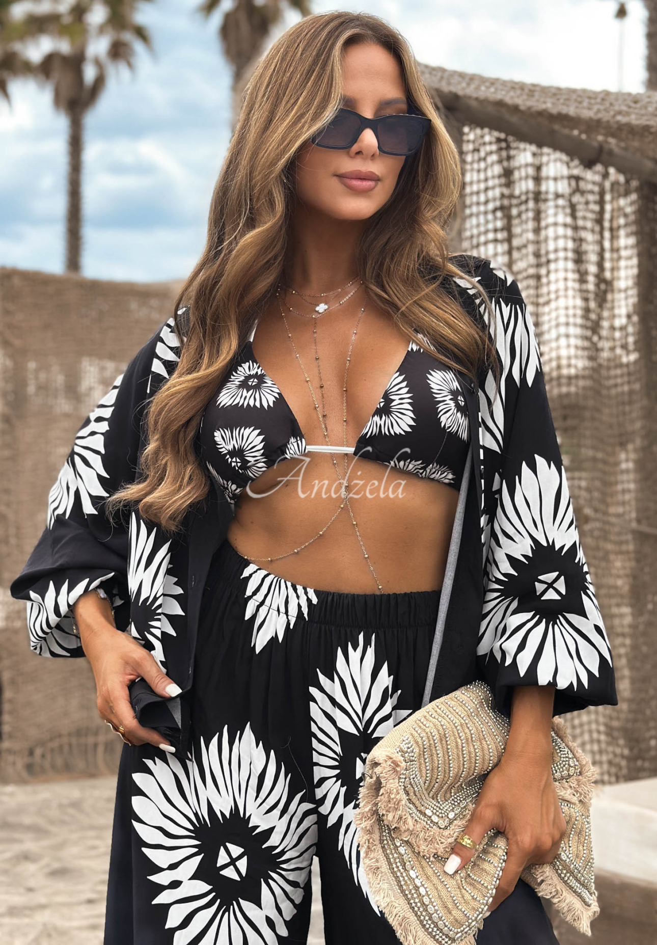 3-in-1-Set aus Viskose: Top, Hemd und Hose mit Mustern Fiesta Time Schwarz
