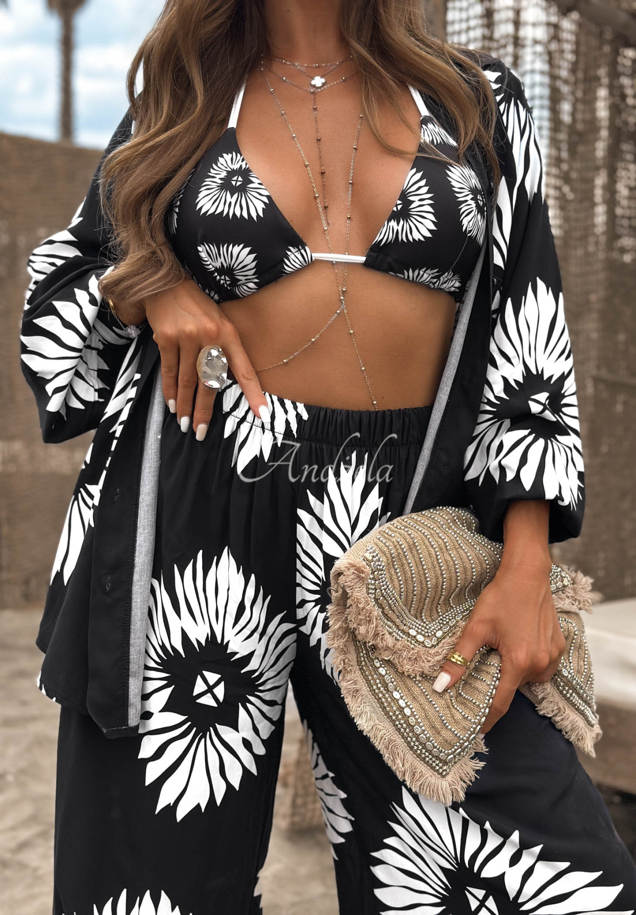 3-in-1-Set aus Viskose: Top, Hemd und Hose mit Mustern Fiesta Time Schwarz
