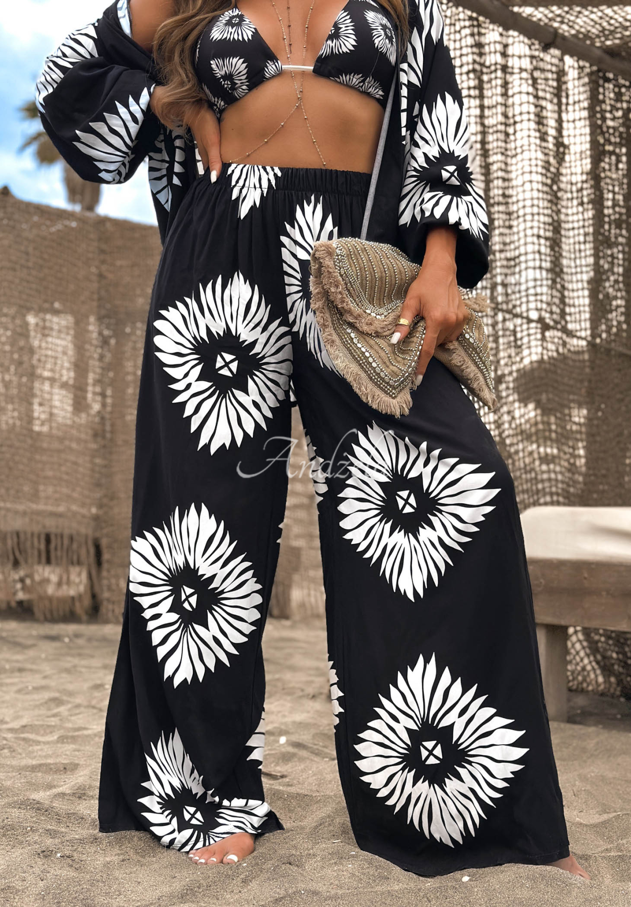 3-in-1-Set aus Viskose: Top, Hemd und Hose mit Mustern Fiesta Time Schwarz