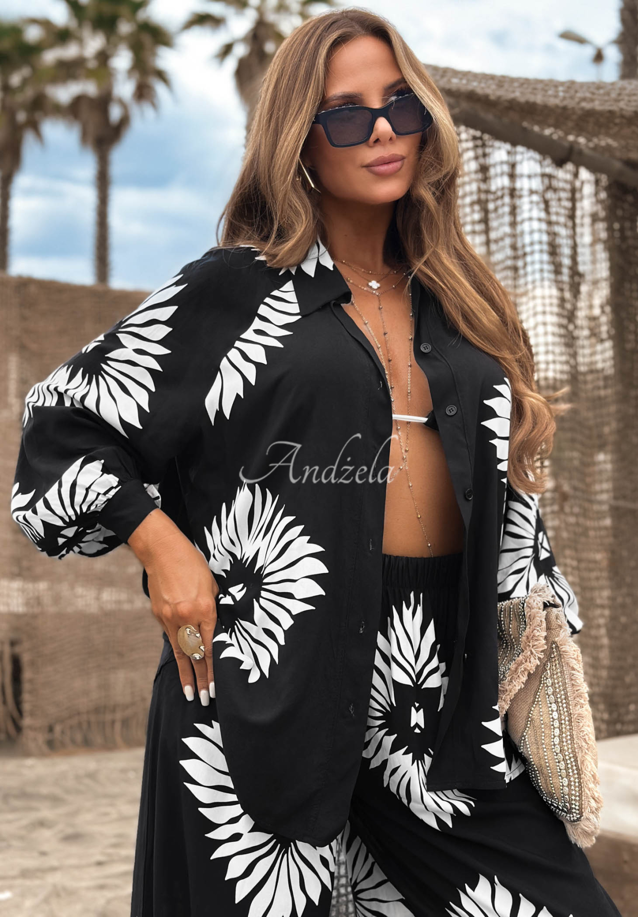 3-in-1-Set aus Viskose: Top, Hemd und Hose mit Mustern Fiesta Time Schwarz