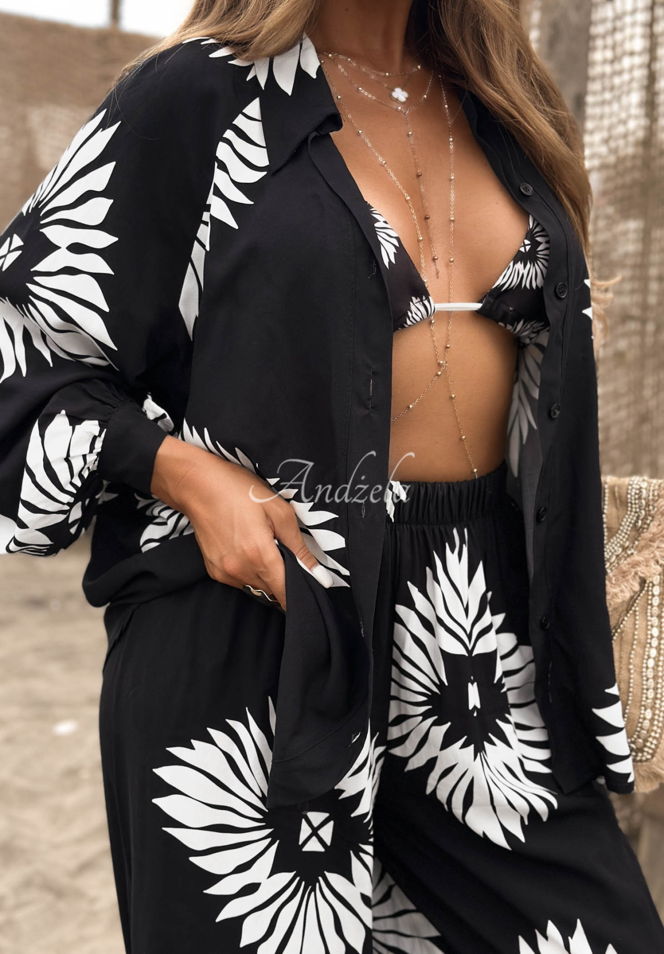 3-in-1-Set aus Viskose: Top, Hemd und Hose mit Mustern Fiesta Time Schwarz