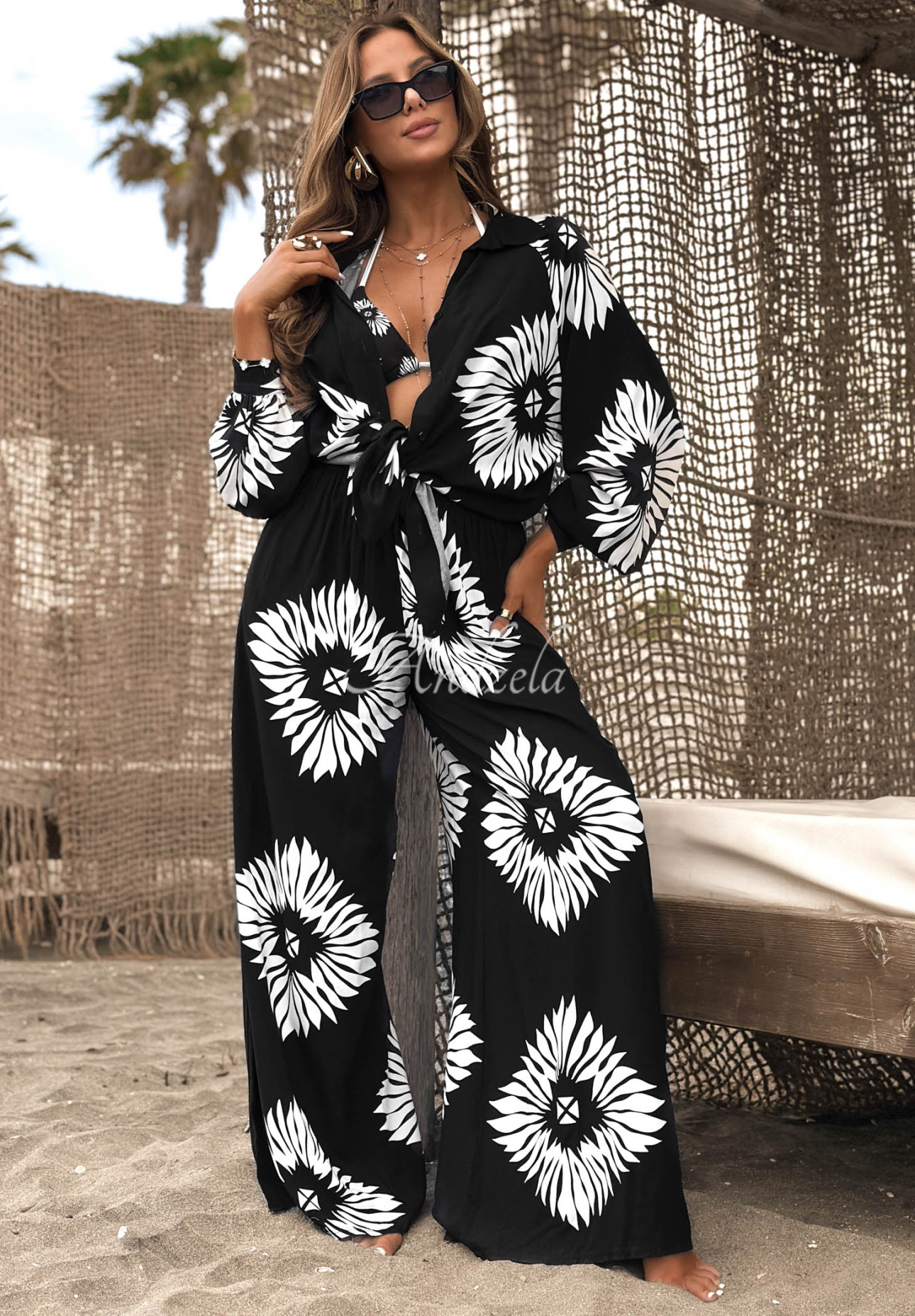 3-in-1-Set aus Viskose: Top, Hemd und Hose mit Mustern Fiesta Time Schwarz