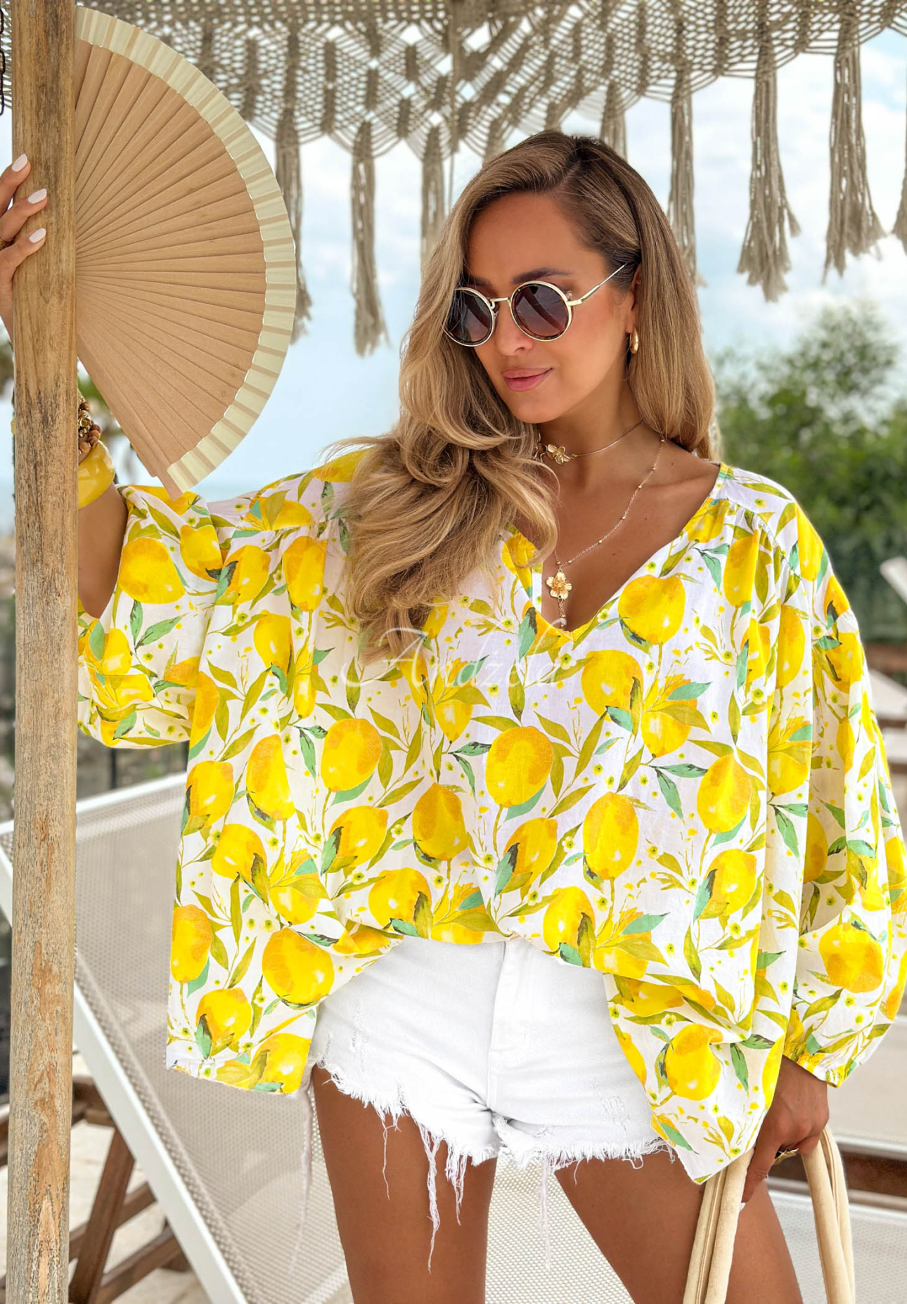 Oversize-Bluse aus Baumwolle mit Zitronenmuster Iced Lemonade weiß-gelb
