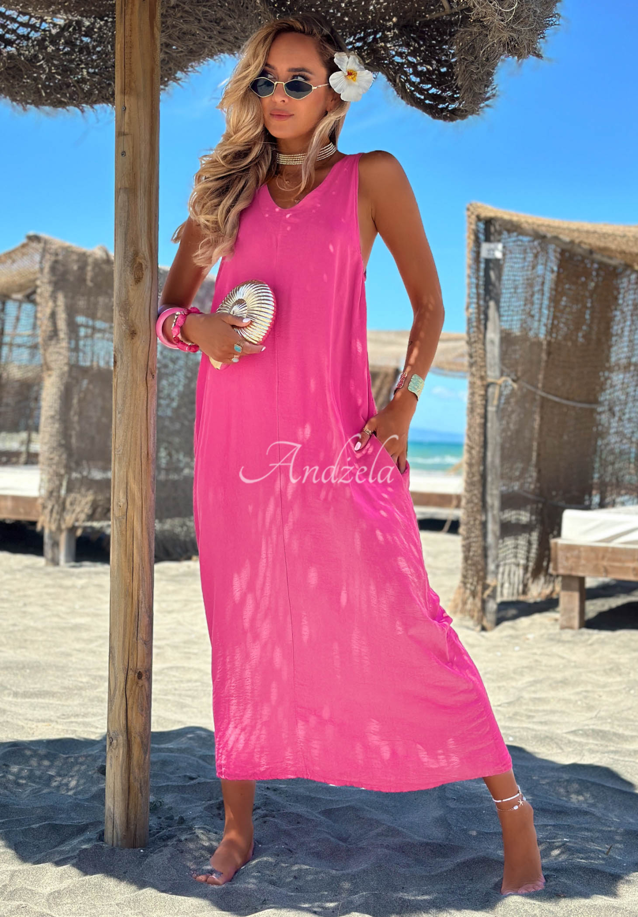 Maxikleid aus Viskose mit Trägern The Shoreline Fuchsia