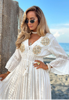 Kleid maxi ze złotymi haftami boho Sorelle Sun Weiß