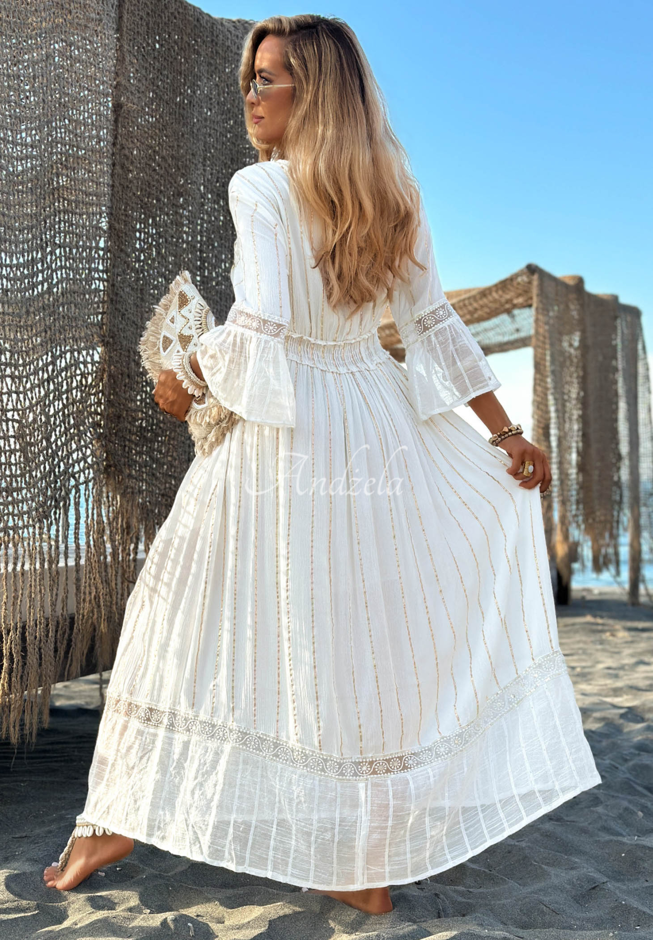 Maxikleid aus Viskose mit goldenen Stickereien boho Sorelle Sun Hell Beige