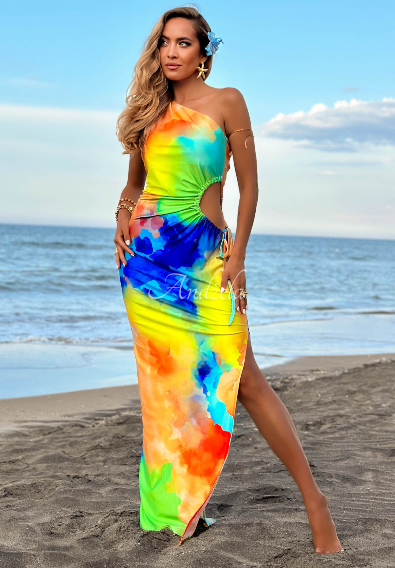 Asymmetrisches Maxikleid mit Mustern Hawaii Papaya gelb-orange