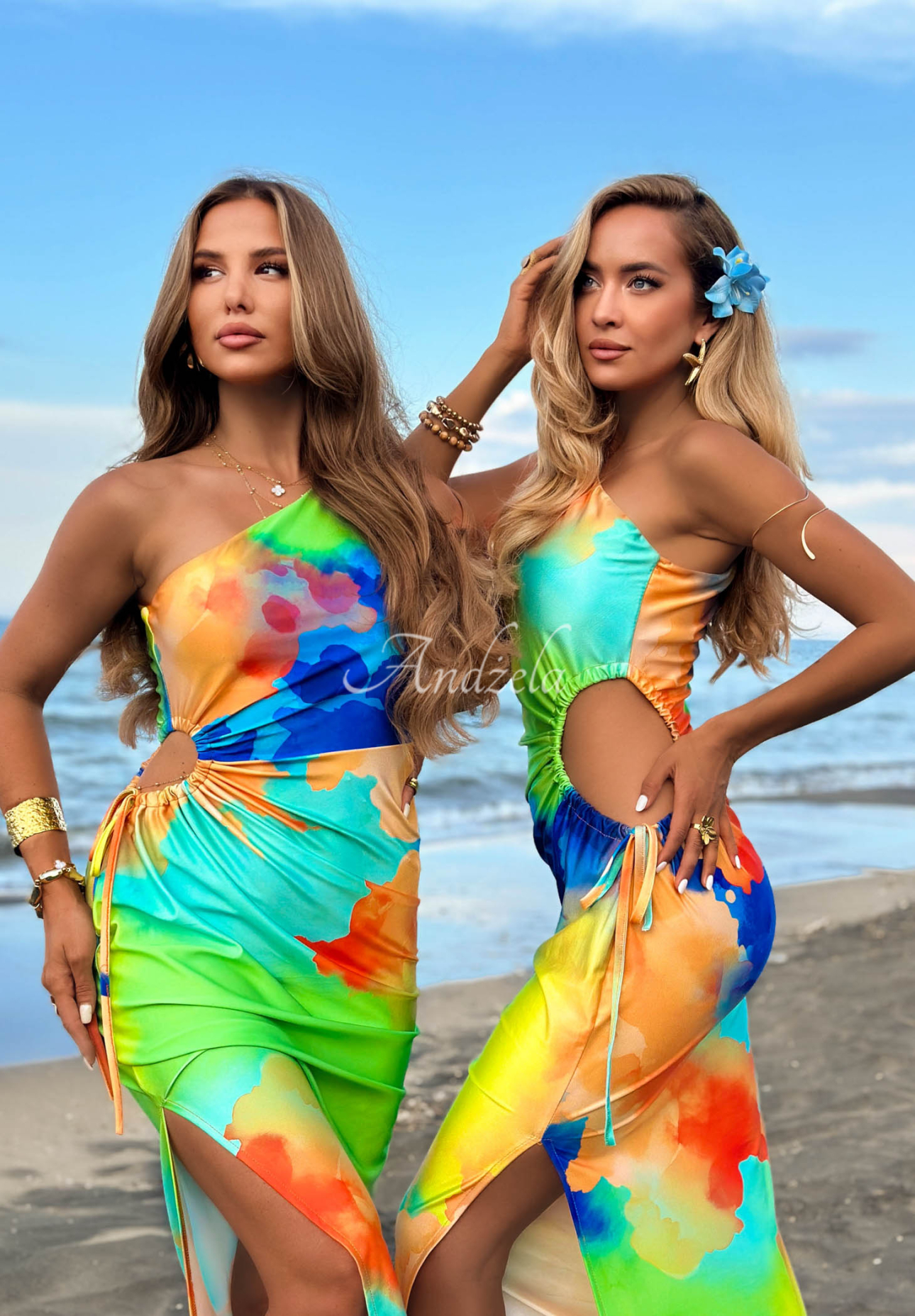 Asymmetrisches Maxikleid mit Mustern Hawaii Papaya gelb-orange