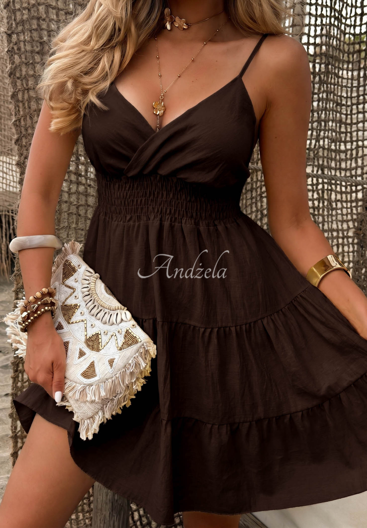 Minikleid aus Viskose mit Trägern und Rüschen Sun Muse Schokoladenbraun