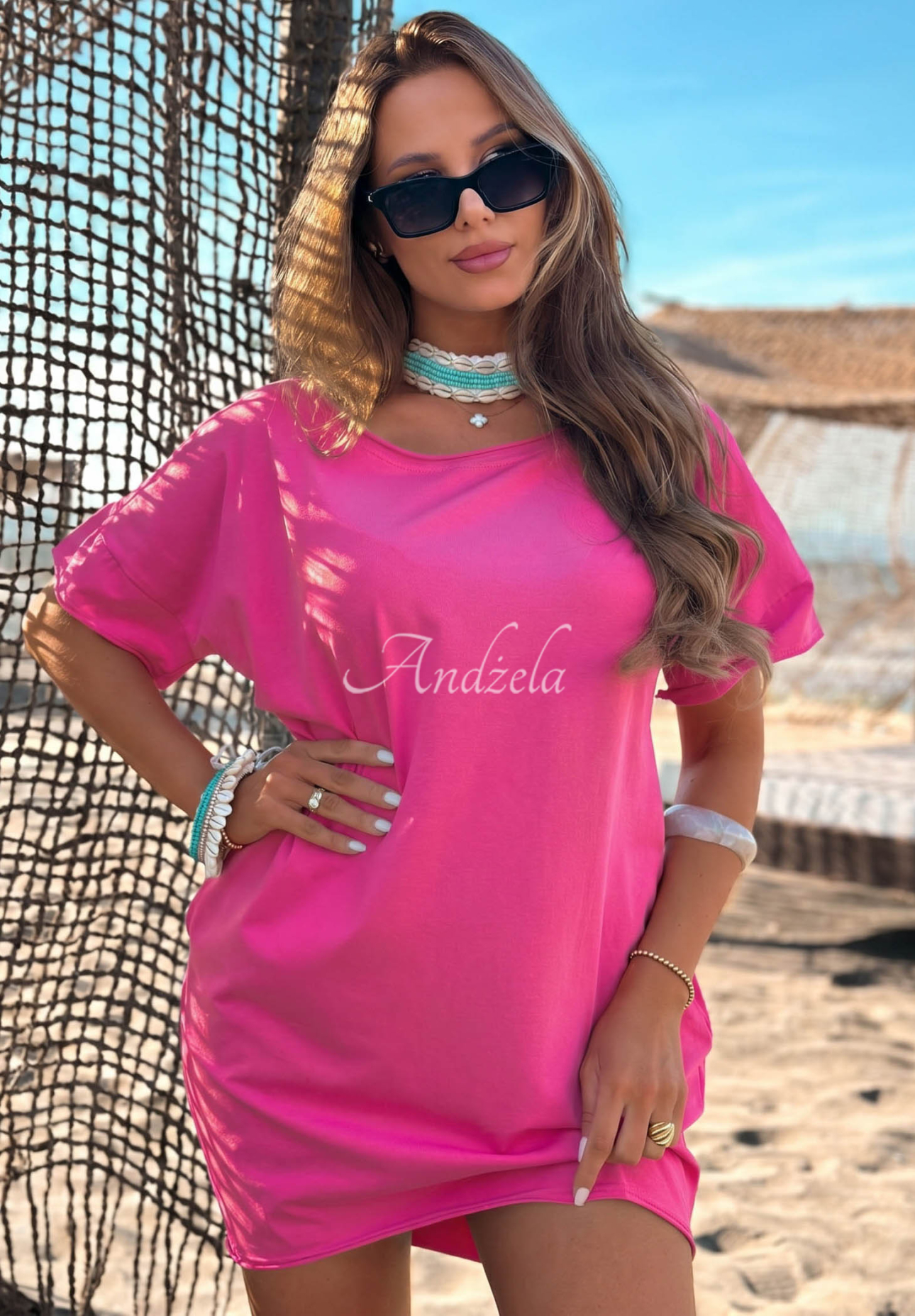 Baumwollkleid mit kurzen Ärmeln Morning Sun Fuchsia