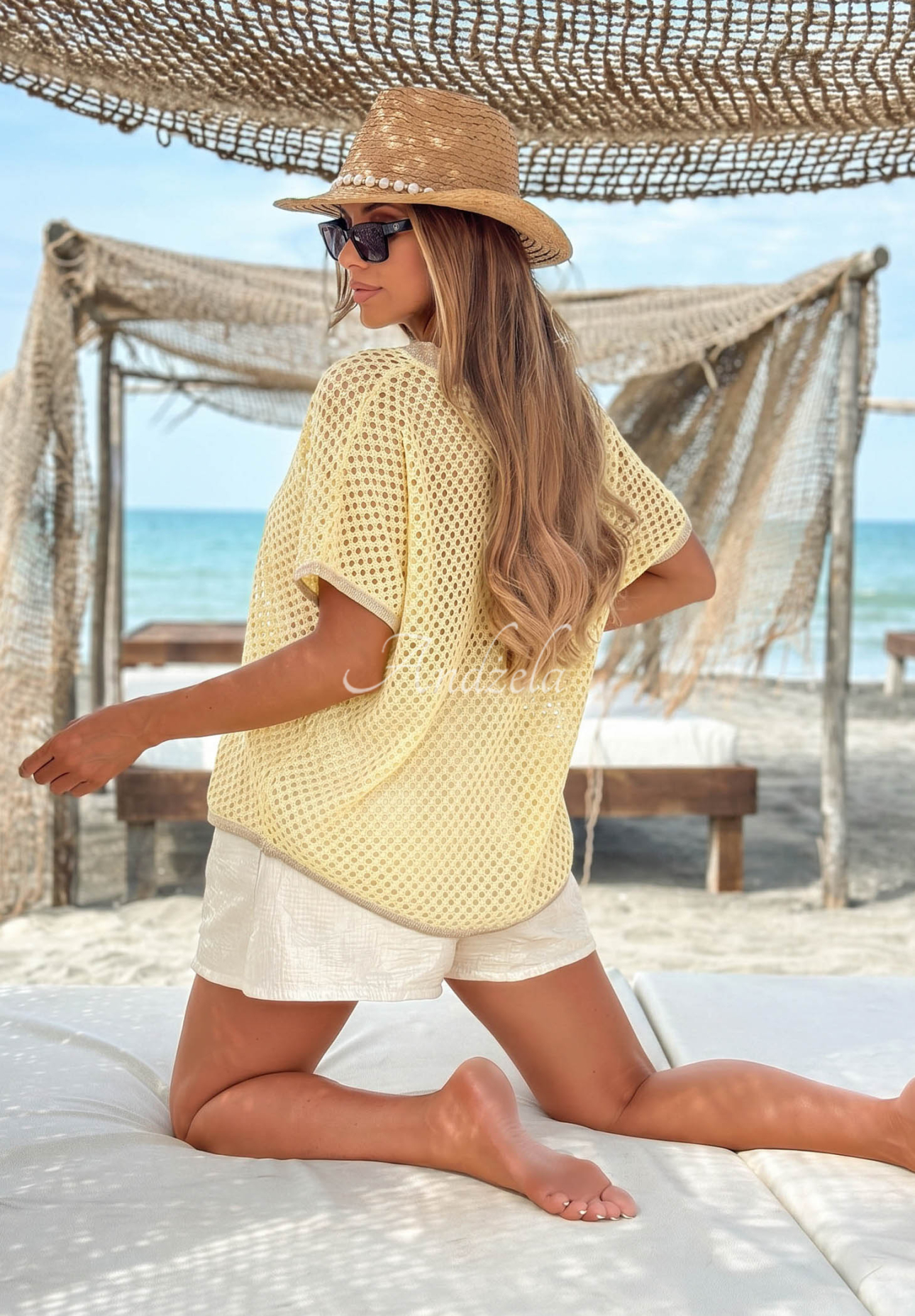 Durchbrocherner Baumwollpullover Ausschnitt Sandy Glow Gelb