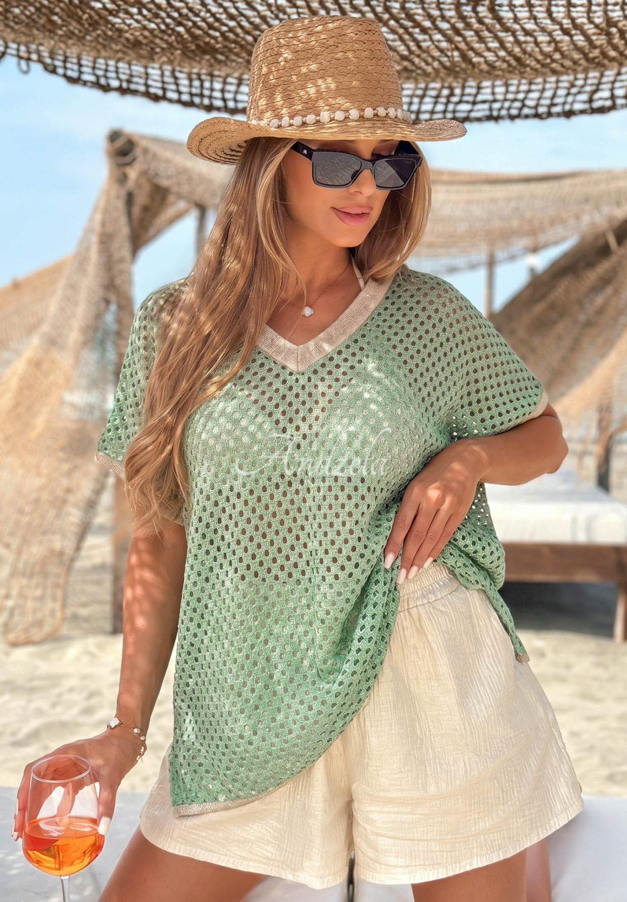 Durchbrocherner Baumwollpullover Ausschnitt Sandy Glow Pistaziengrün