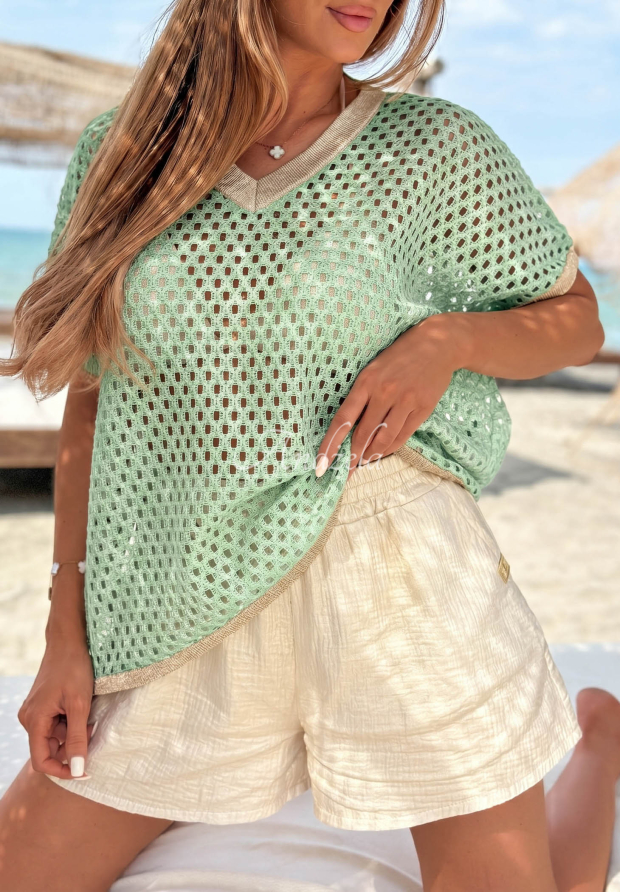 Durchbrocherner Baumwollpullover Ausschnitt Sandy Glow Pistaziengr&uuml;n