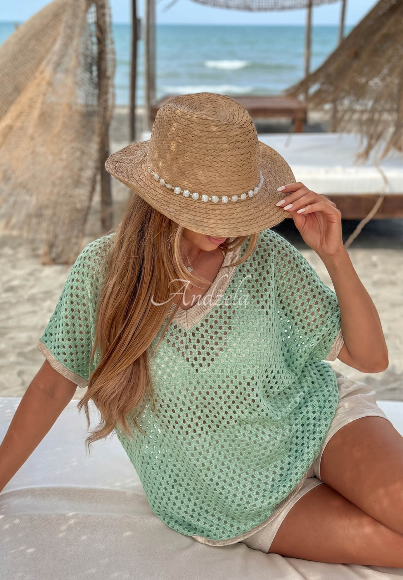 Durchbrocherner Baumwollpullover Ausschnitt Sandy Glow Pistaziengrün