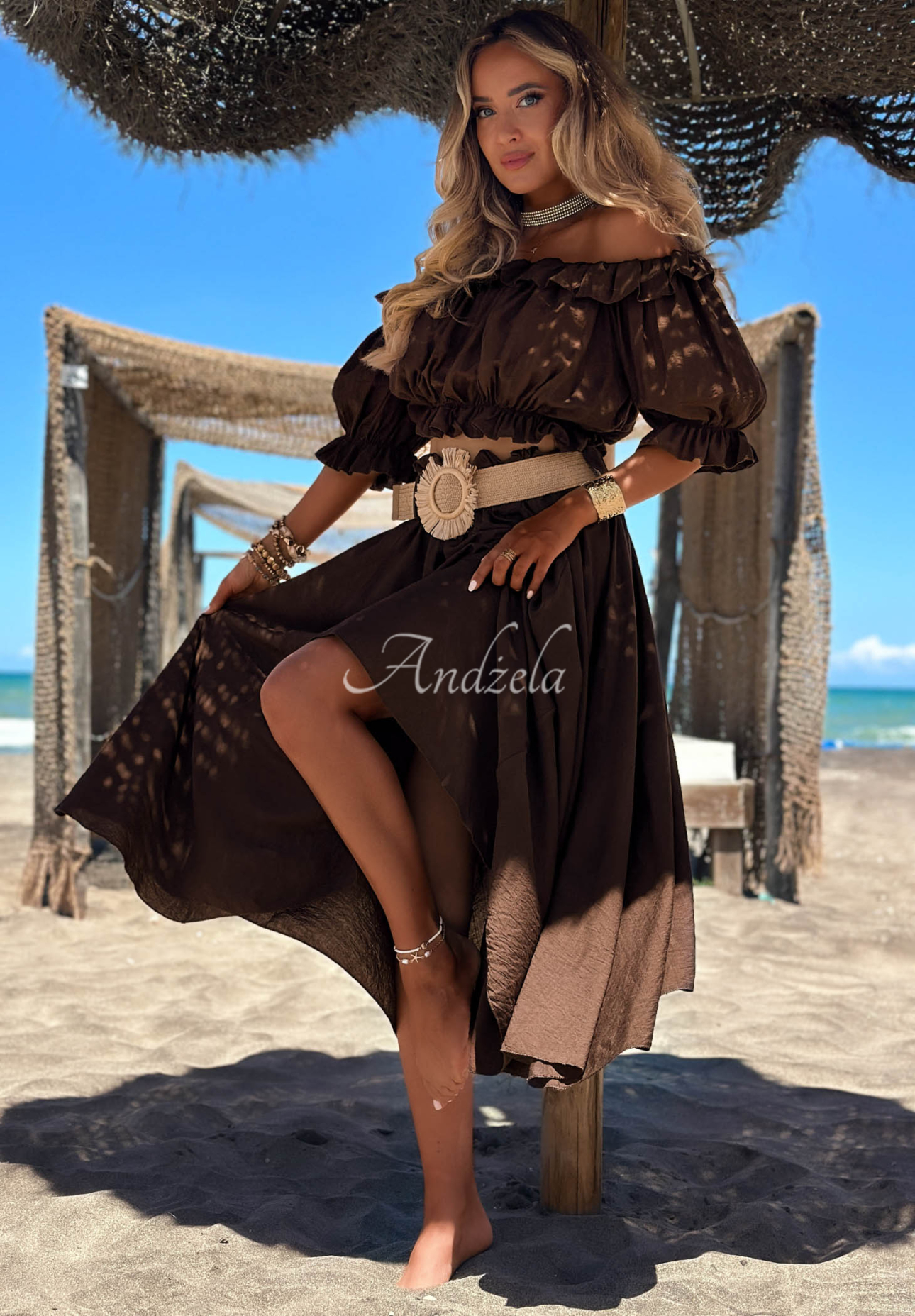Viskose-Set Off-Shulder-Bluse und Maxirock mit Gürtel Summer Beauty Schokoladenbraun