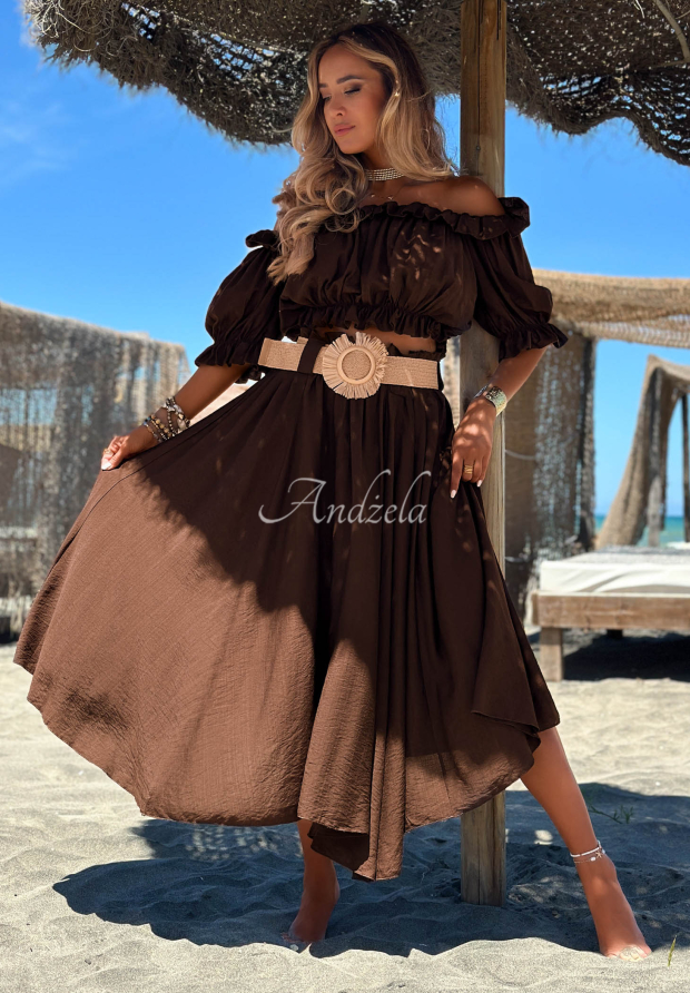 Viskose-Set Off-Shulder-Bluse und Maxirock mit G&uuml;rtel Summer Beauty Schokoladenbraun