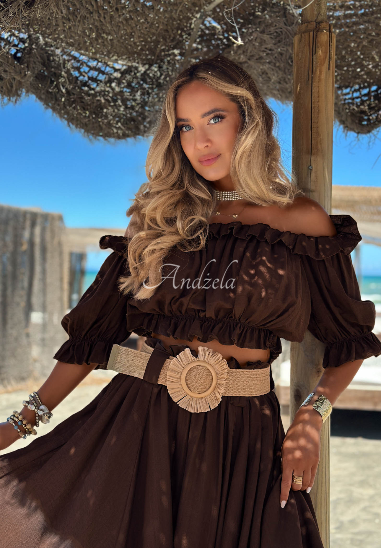 Viskose-Set Off-Shulder-Bluse und Maxirock mit Gürtel Summer Beauty Schokoladenbraun
