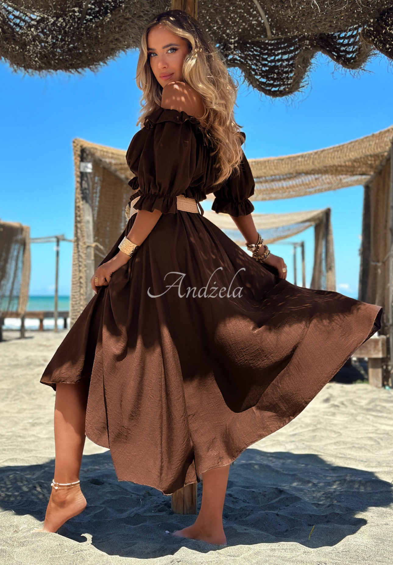 Viskose-Set Off-Shulder-Bluse und Maxirock mit Gürtel Summer Beauty Schokoladenbraun