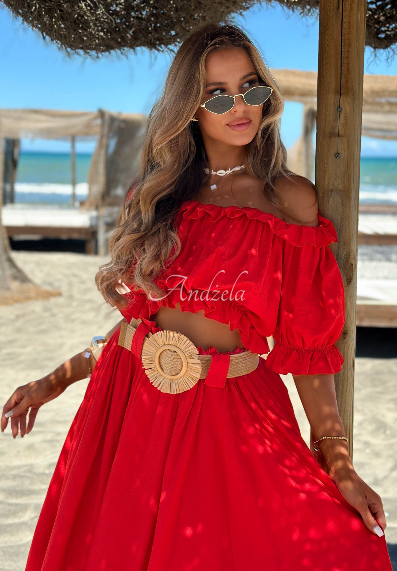 Viskose-Set Off-Shulder-Bluse und Maxirock mit Gürtel Summer Beauty Rot