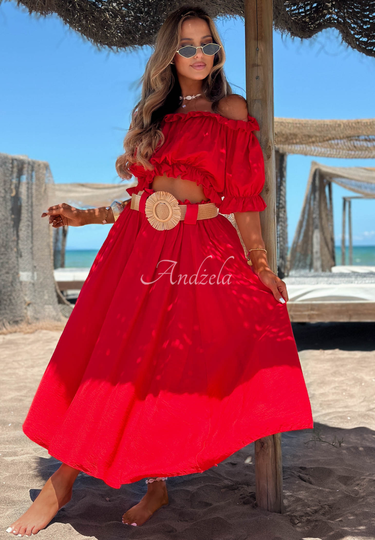 Viskose-Set Off-Shulder-Bluse und Maxirock mit Gürtel Summer Beauty Rot