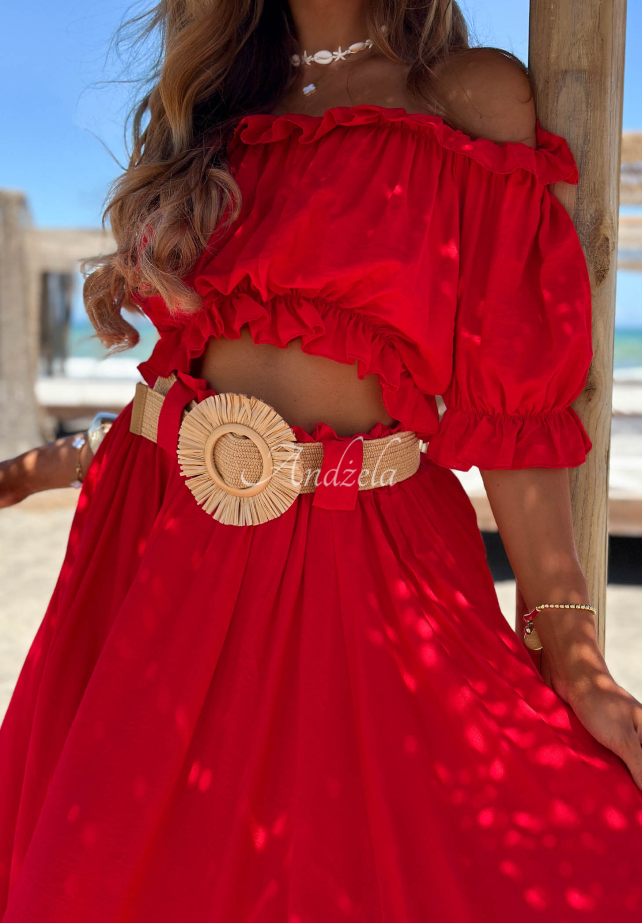 Viskose-Set Off-Shulder-Bluse und Maxirock mit Gürtel Summer Beauty Rot