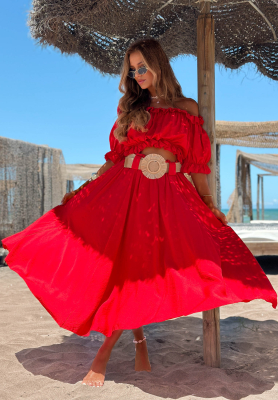 Viskose-Set Off-Shulder-Bluse und Maxirock mit G&uuml;rtel Summer Beauty Rot