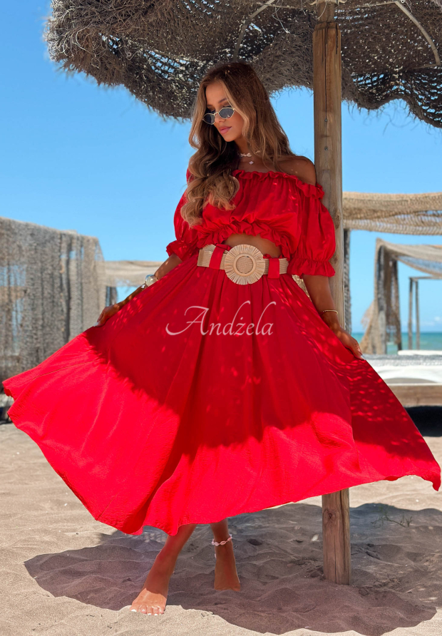 Viskose-Set Off-Shulder-Bluse und Maxirock mit G&uuml;rtel Summer Beauty Rot