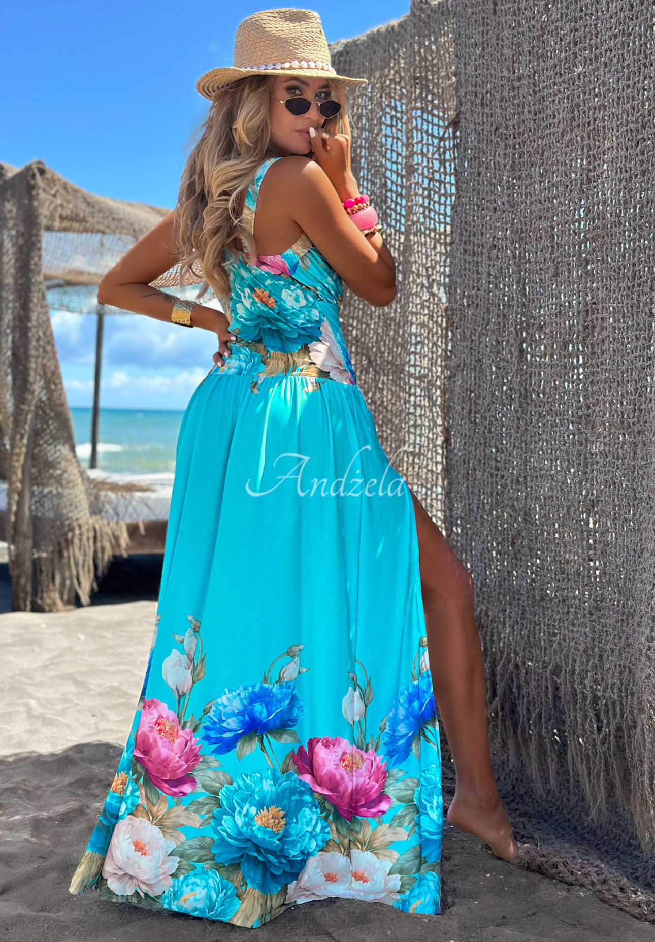 Maxikleid aus geblümtem Viskose mit Schlitz Florisse Himmelblau