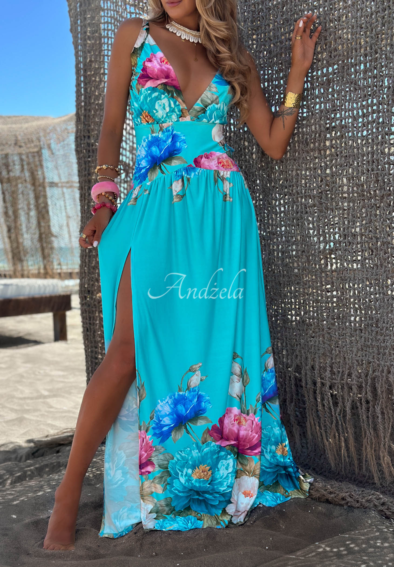 Maxikleid aus geblümtem Viskose mit Schlitz Florisse Himmelblau