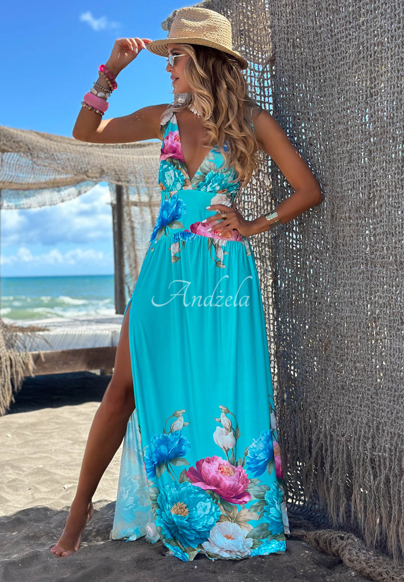 Maxikleid aus geblümtem Viskose mit Schlitz Florisse Himmelblau