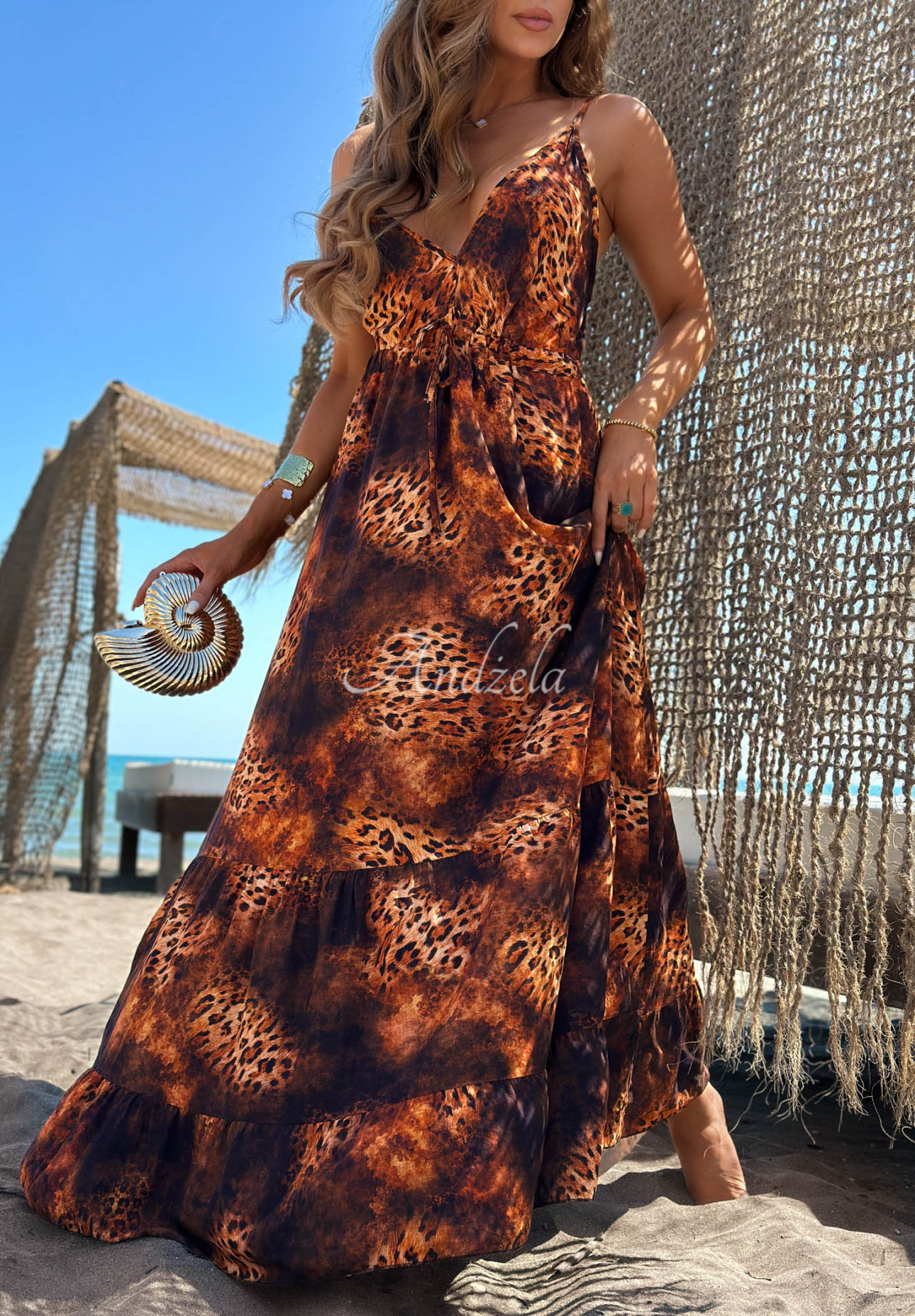 Maxikleid mit Trägern und Leopardenmuster Lava Camel