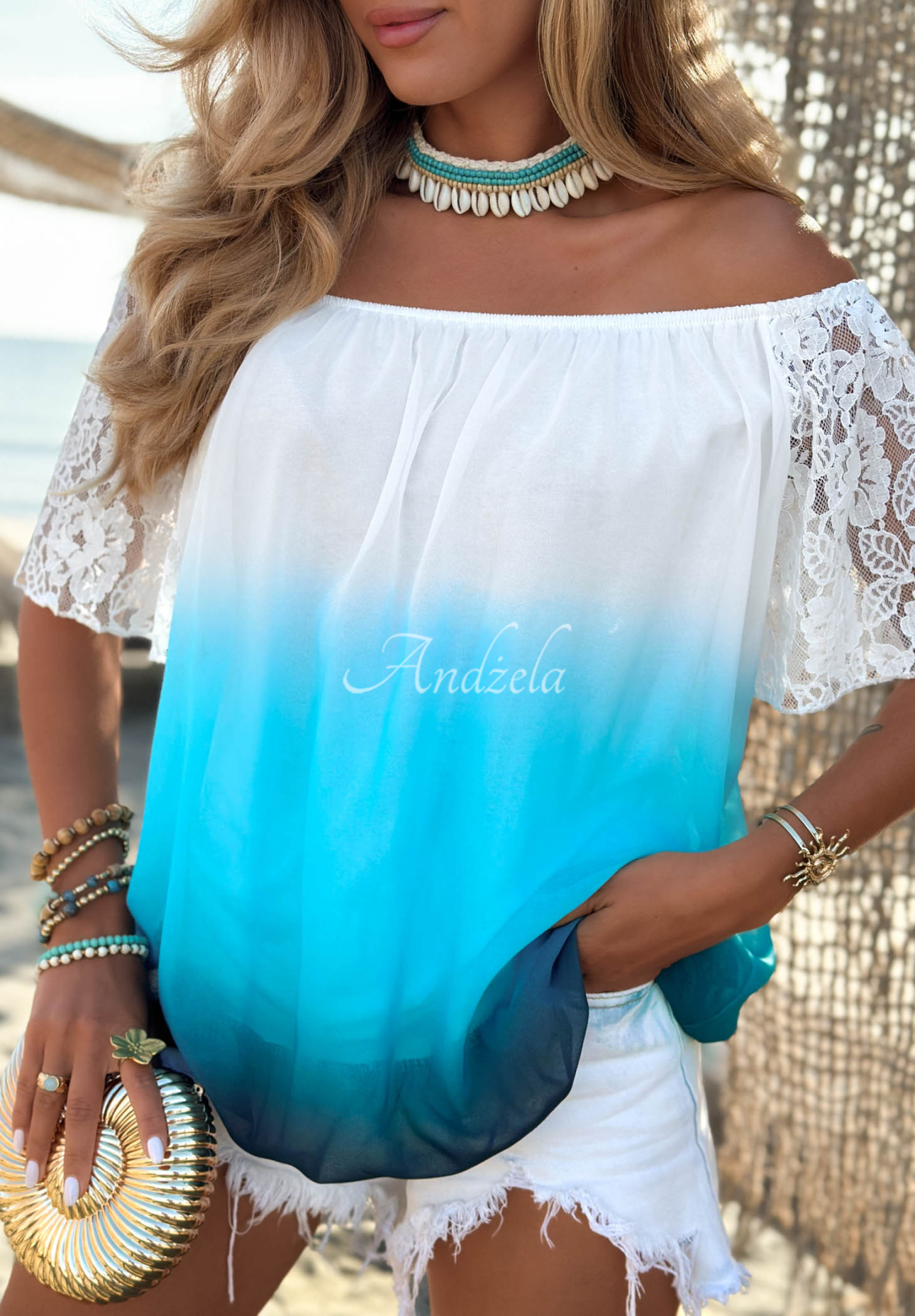 Off-Shoulder-Bluse ombre mit Spitze Endless Azure weiß-hellblau