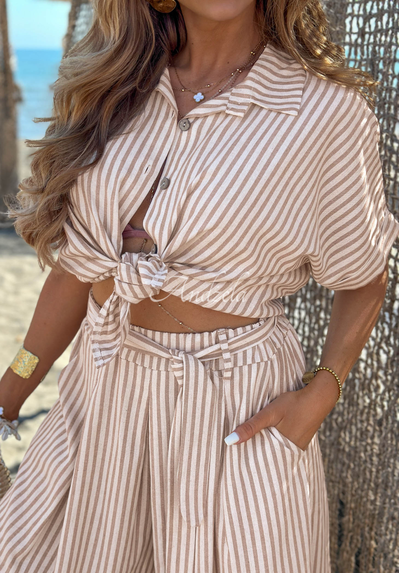 Gestreiftes Viskosehemd mit Leinen Aruba Palms weiß-beige