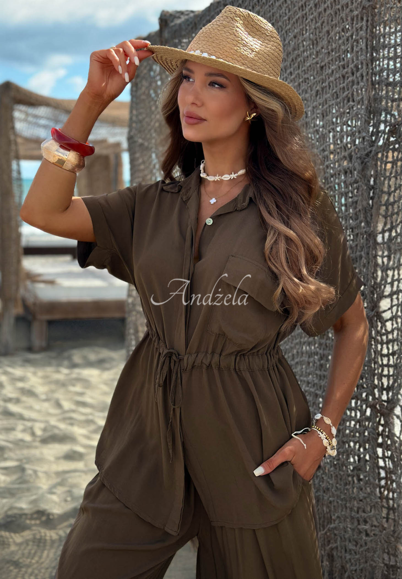Viskose-Set: Hemd mit Manschetten und Hose wide leg Elite Summer Schokoladenbraun