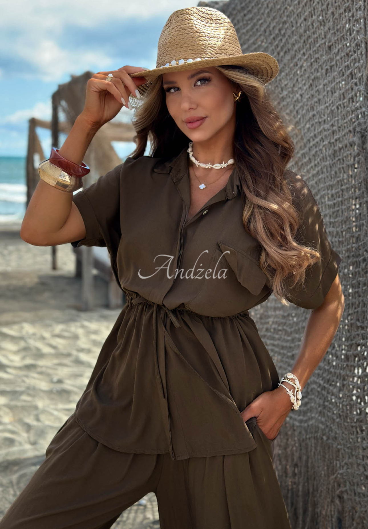 Viskose-Set: Hemd mit Manschetten und Hose wide leg Elite Summer Schokoladenbraun