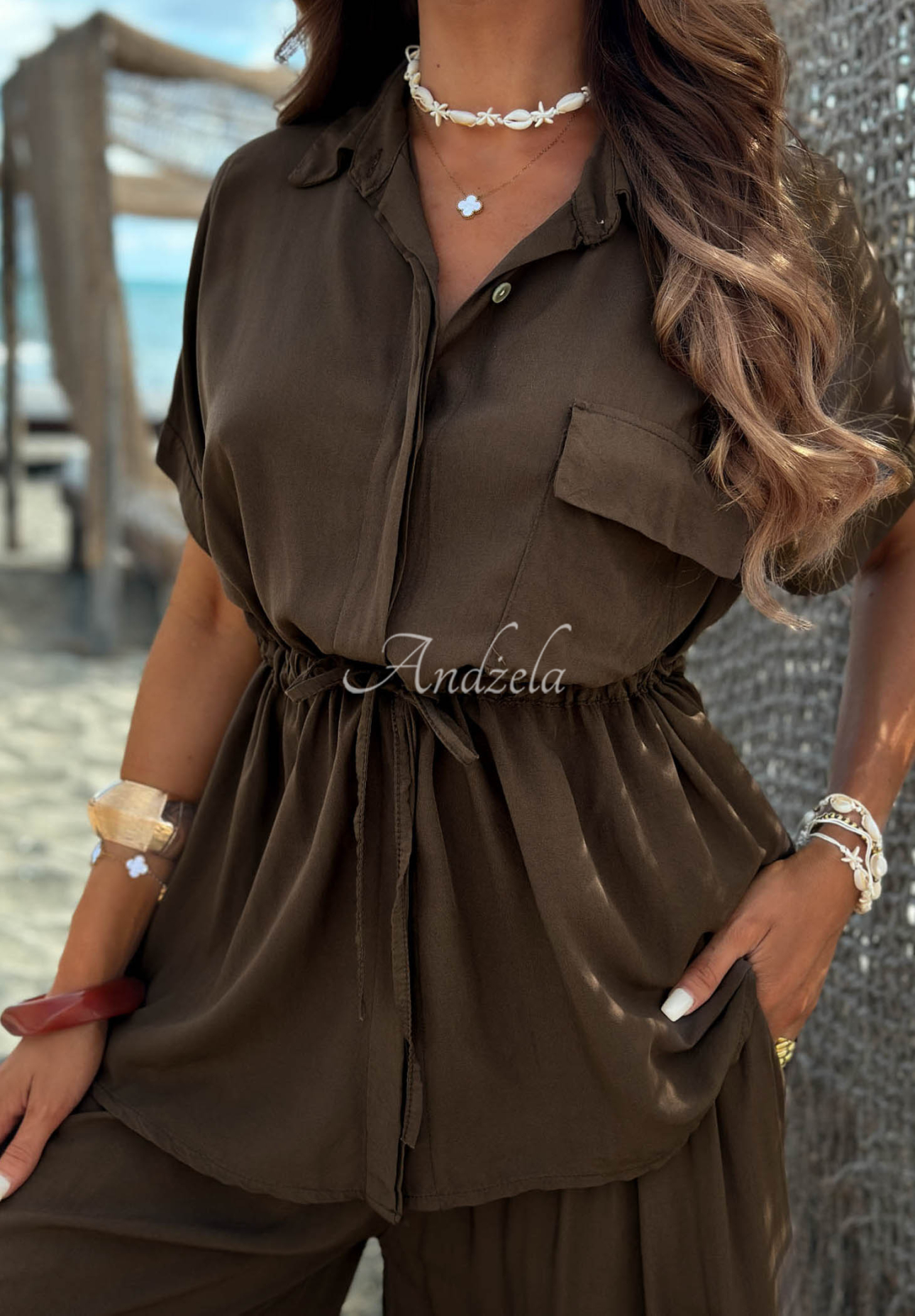 Viskose-Set: Hemd mit Manschetten und Hose wide leg Elite Summer Schokoladenbraun