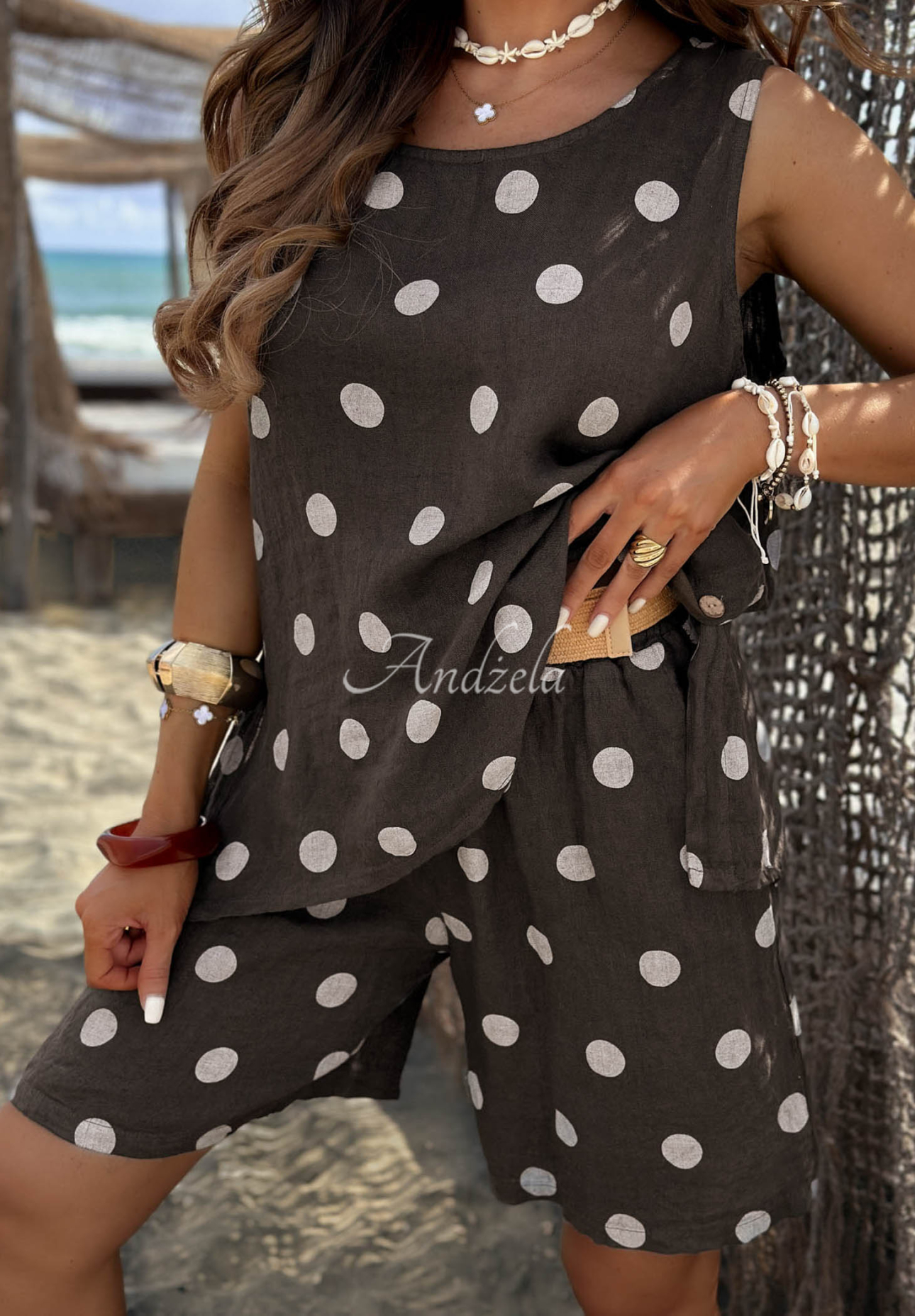 Leinen-Set aus Top und Shorts mit Polka-Dots Palm Kiss Schokoladenbraun