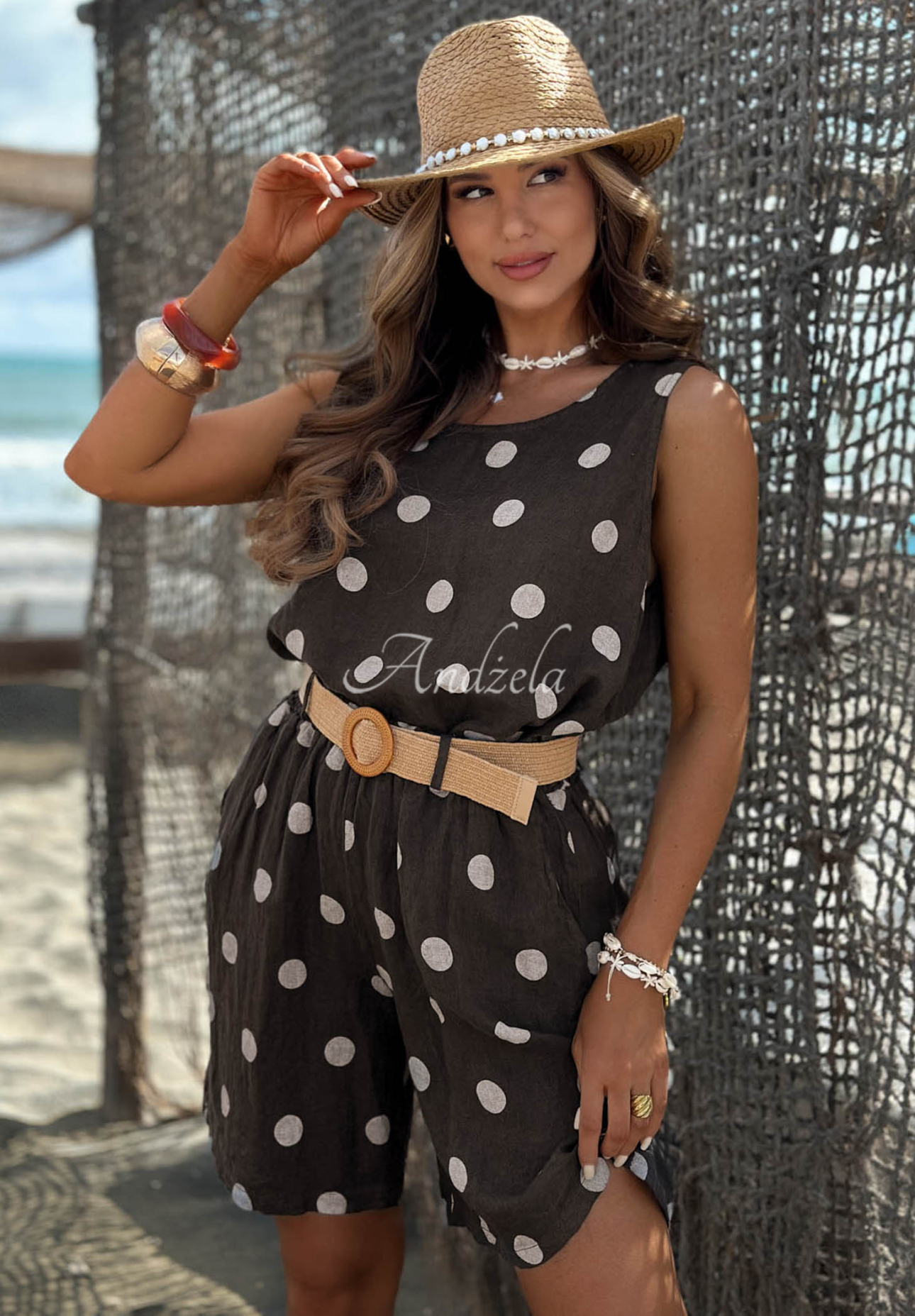 Leinen-Set aus Top und Shorts mit Polka-Dots Palm Kiss Schokoladenbraun